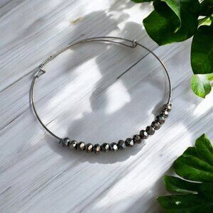 Adjustable Silver Tone Metal Beaded Charm Bangle Bracelet